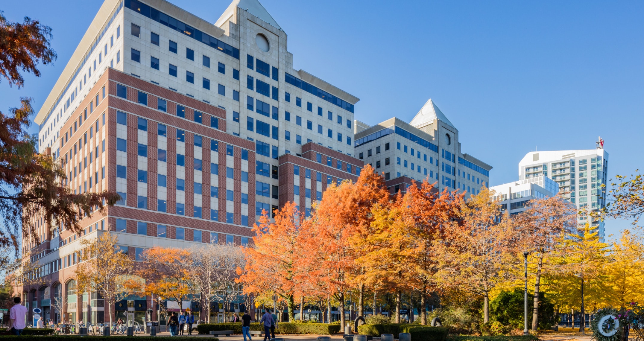 111 River Street urban plaza with autumn foliage