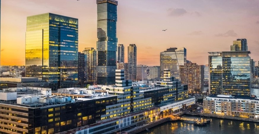 Jersey City skyline at sunset with waterfront